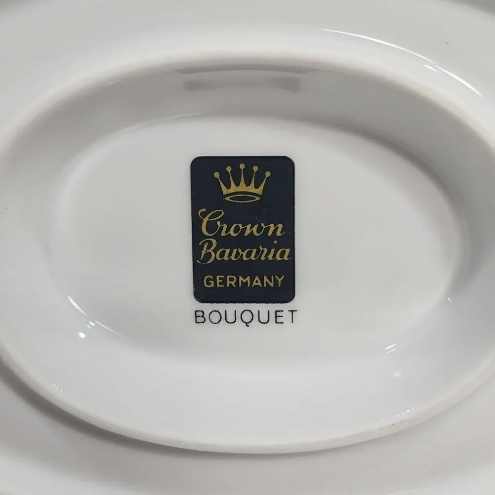 Crown‎ Bavaria Gravy Boat w Attached Underplate Germany Silver Trim Bouquet